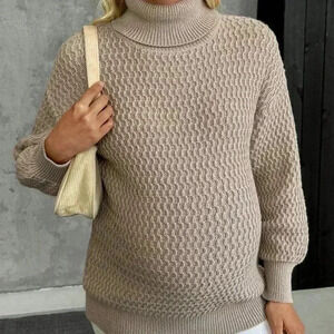 Khaki Casual Women's Retro Turtleneck Sweater with Patterned Design